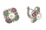 Серьги из серебра с жемчугом белым, изумрудом, рубином шар 7 мм и круги 25238