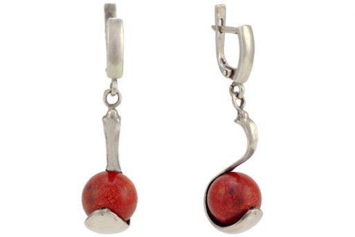 Серебряные серьги с кораллом 36528 купить в магазине Самоцветы мира