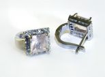 Серьги из серебра с розовым кварцем и фианитами квадрат 8х8 мм 42535