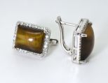 Серьги из серебра с тигровым глазом и фианитами прямоугольник 11х15 мм 42892