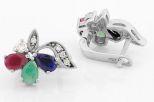 Серьги из серебра с изумрудом, рубином, сапфиром и фианитами 3 капли 4х6 мм 48271