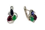 Серьги из серебра с изумрудом, рубином, сапфиром и фианитами 3 камня 55276