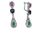 Серьги из серебра с изумрудом рубином сапфиром и фианитами 55278