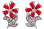Серьги из серебра с кораллом красным и фианитами 5 капель 2х4 мм 57306