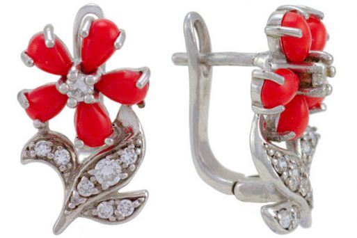 Серебряные серьги с кораллом 57306 купить в магазине Самоцветы мира