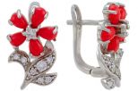 Серьги из серебра с кораллом красным и фианитами 5 капель 2х4 мм 57306