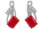 Серьги из серебра с кораллом красным и фианитами прямоугольник 6х9 мм 57308