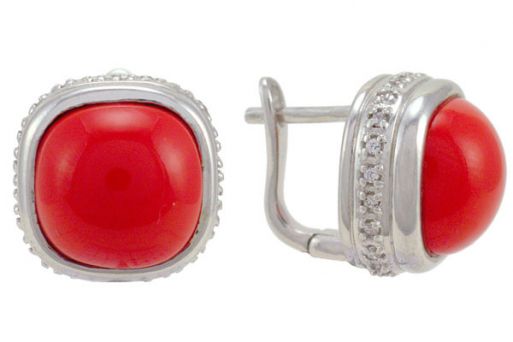 Серебряные серьги с кораллом 57321 купить в магазине Самоцветы мира