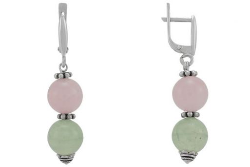Серьги из серебра 925 пробы с Пренитом и розовым кварцем.