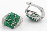 Серьги из серебра с изумрудом и фианитами 9 овалов 4х6 мм и 2 круга 2 мм 60243