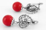 Серьги из мельхиора с кораллом красным шар 10 мм кокошник 63154